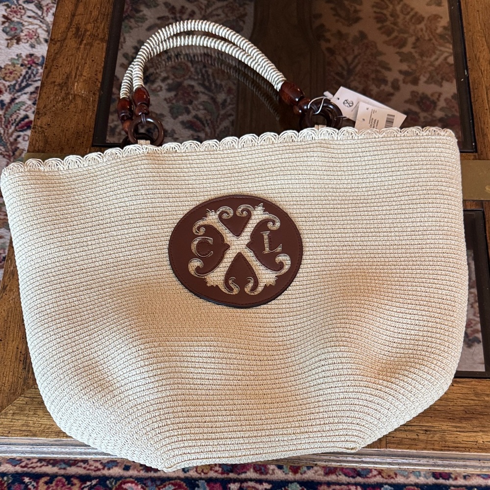 Christian Lacroix Cream Straw Tote with Brown Leather XL Patch